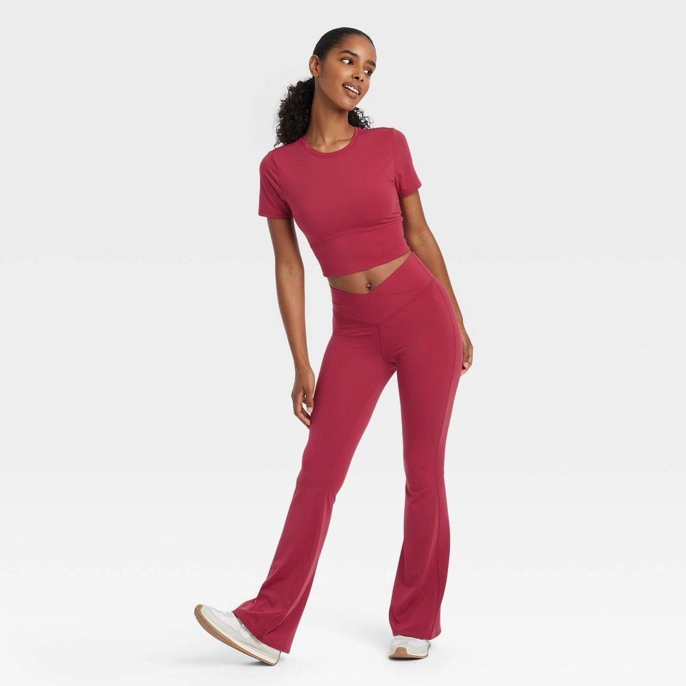 Womens High Rise Crossover Waistband Flare Leggings - JoyLab Burgundy XXL Product Image