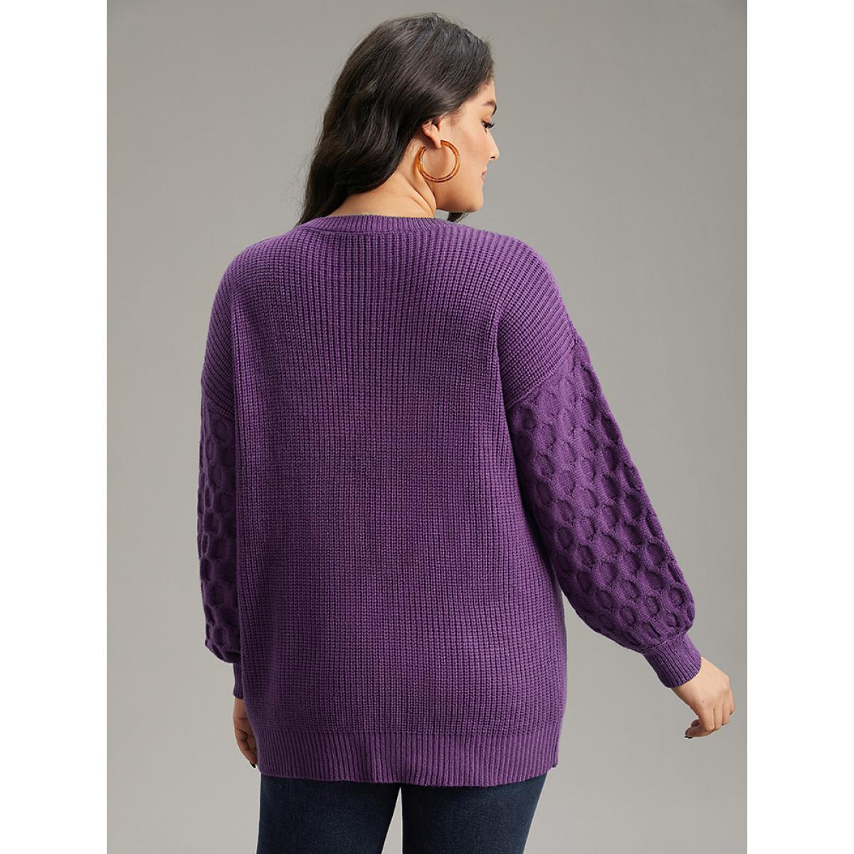 Plus Size Solid Cable Knit V Neck Drop Shoulder Pullover Purple Women Casual Long Sleeve V-neck Everyday Pullovers BloomChic 14-16/1X Product Image