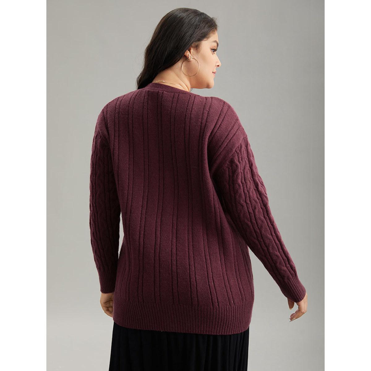 Plus Size Solid Cable Knit Button Fly Cardigan Burgundy Women Casual Loose Long Sleeve Everyday Cardigans BloomChic 12/L Product Image