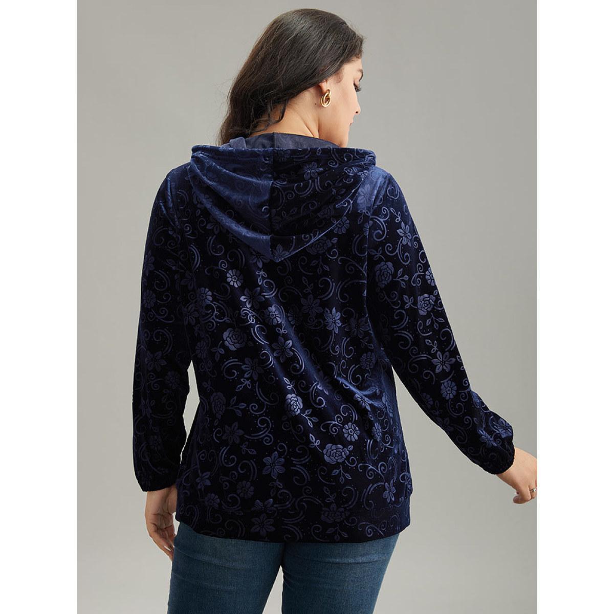 Plus Size Velvet Solid Floral Hooded Drawstring Sweatshirt Women Navy Elegant Elastic cuffs Hooded Dailywear Sweatshirts BloomChic 12/L Product Image