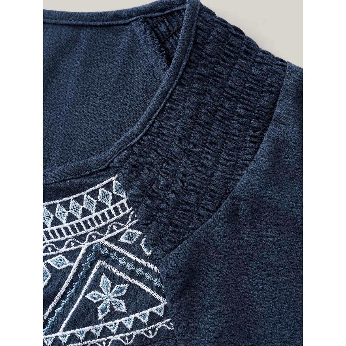 Plus Size Indigo Cotton Boho Embroidered Neck Shirred Shoulder Blouse Women Half Sleeve Notched collar Vacation Blouses BloomChic 18-20/2X Product Image