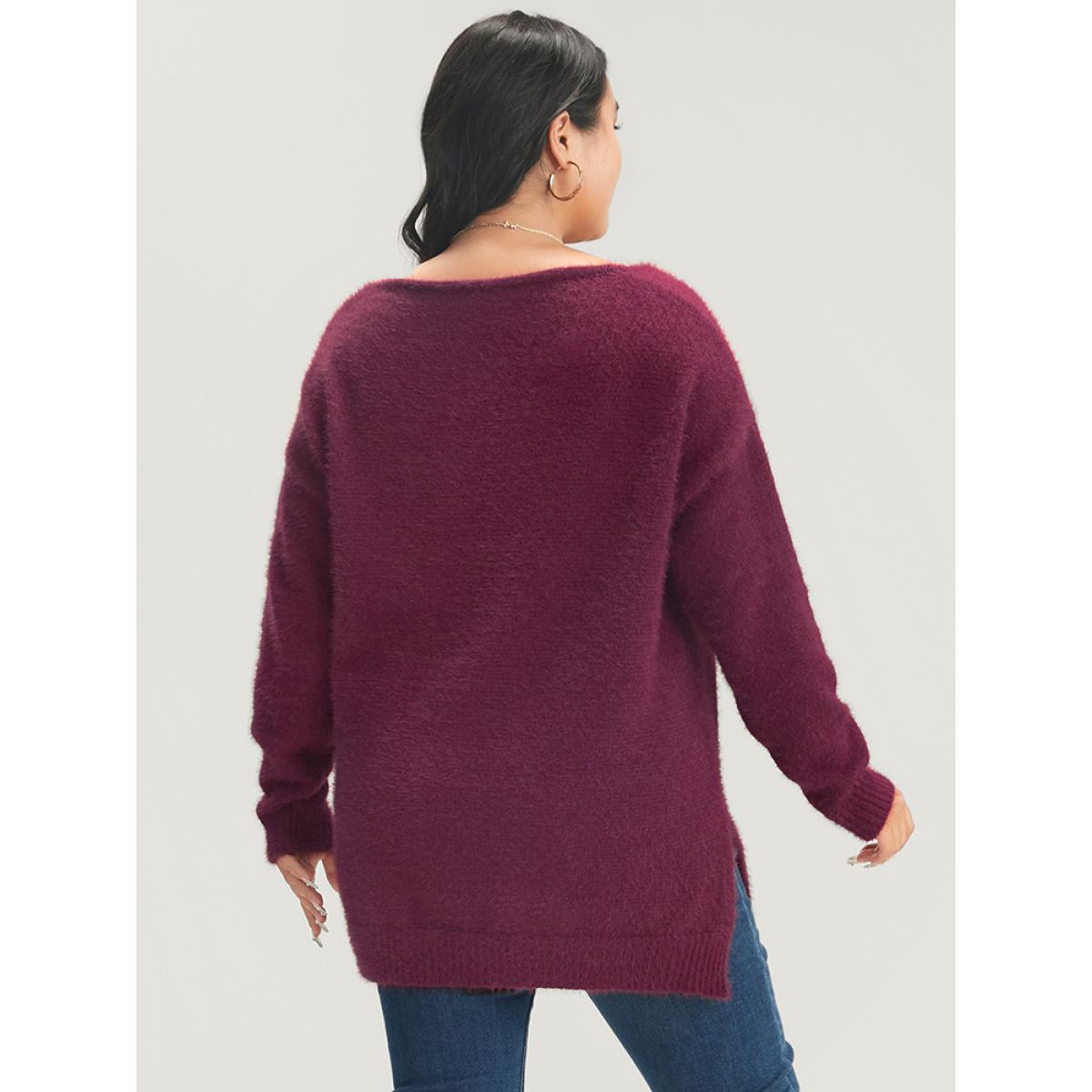 Plus Size Solid Super Soft Plush Knit Split Hem Heather Knit Top Eggplant Women Elegant Loose Long Sleeve Deep V-neck Dailywear Pullovers BloomChic 30/6X Product Image