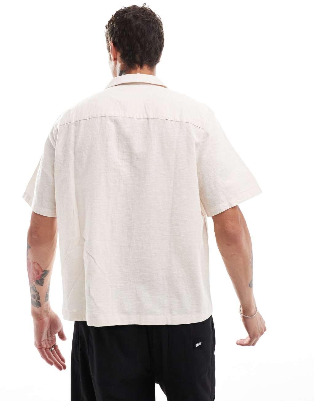 ASOS DESIGN boxy relaxed linen mix shirt with camp collar in ecru Product Image
