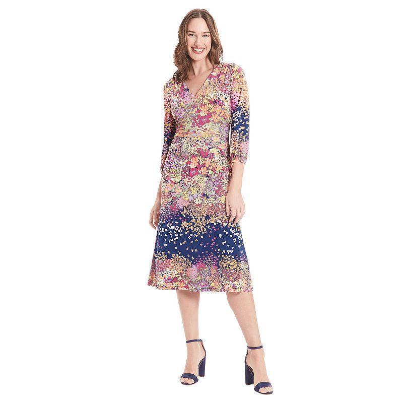 Womens London Times Floral Print V-Neck Bishop Sleeve Midi Dress Navy Pink Product Image