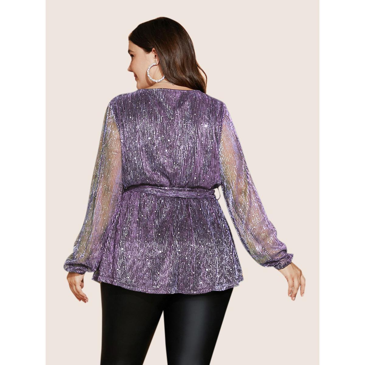 Plus Size Lilac Sequin Mesh Lantern Sleeve Wrap Belted Striped Blouse Women Cocktail Long Sleeve Overlap Collar Party Blouses BloomChic 18-20/2X Product Image