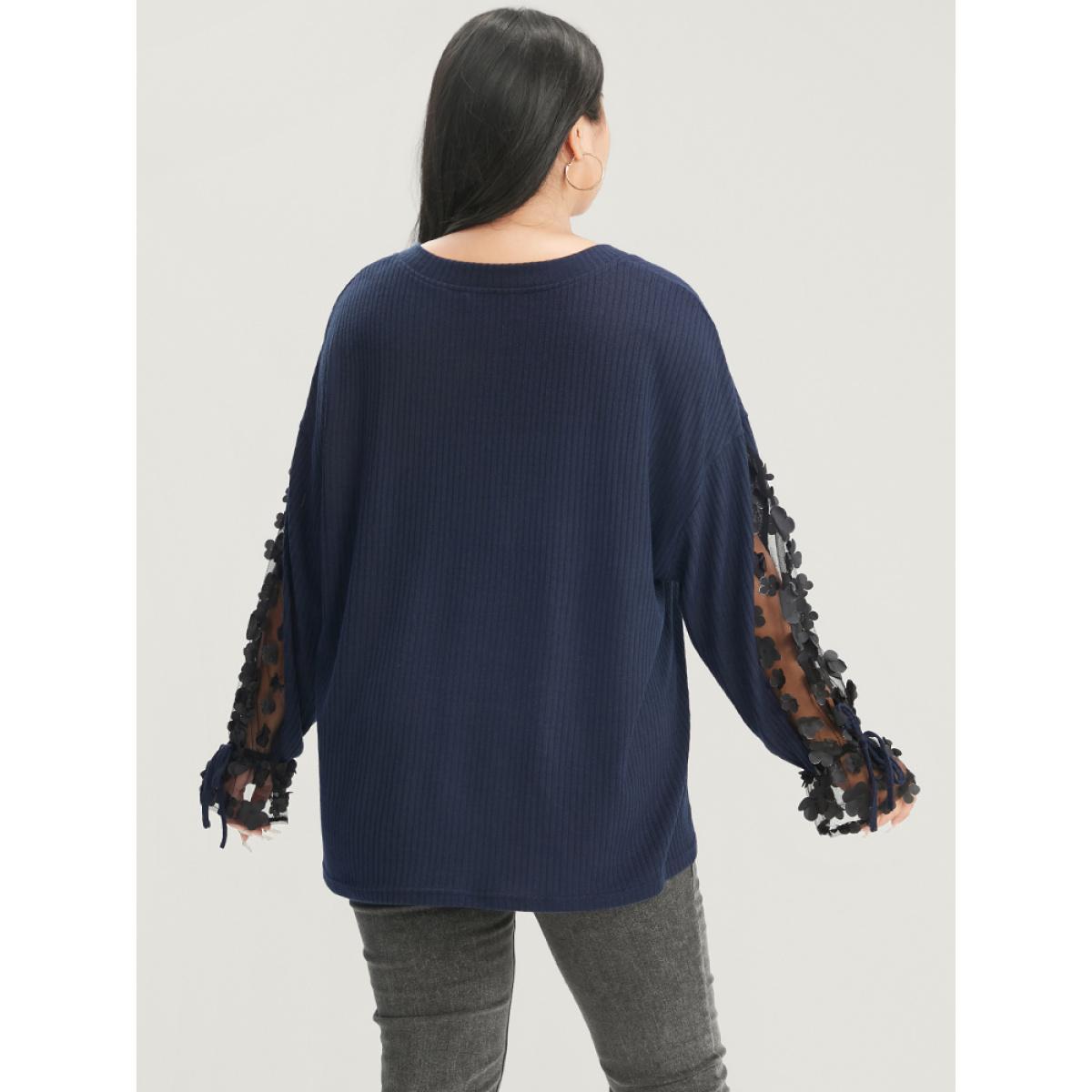Plus Size Solid Mesh Lantern Sleeve V Neck Rib Knit Sweatshirt Women Indigo Elegant Patchwork V-neck Dailywear Sweatshirts BloomChic 26/4X Product Image