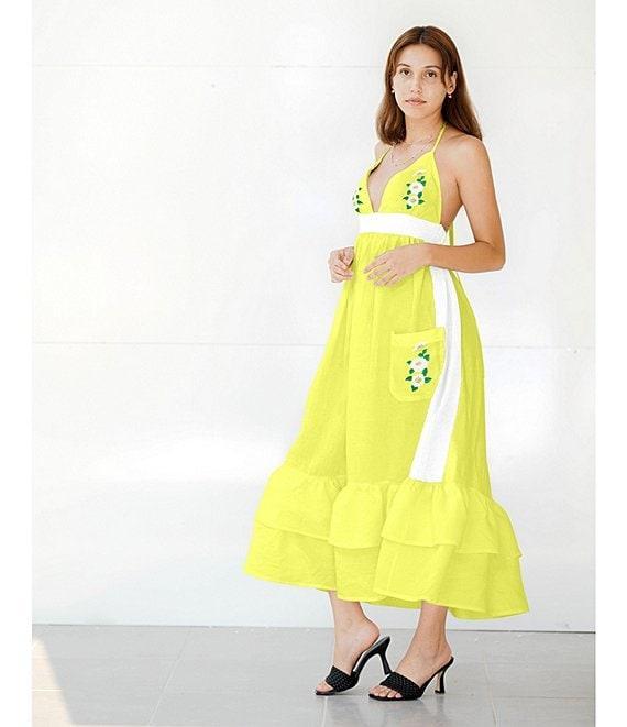 Fanm Mon Yamile Floral Embroidered Halter Tie Neck Midi Dress Product Image