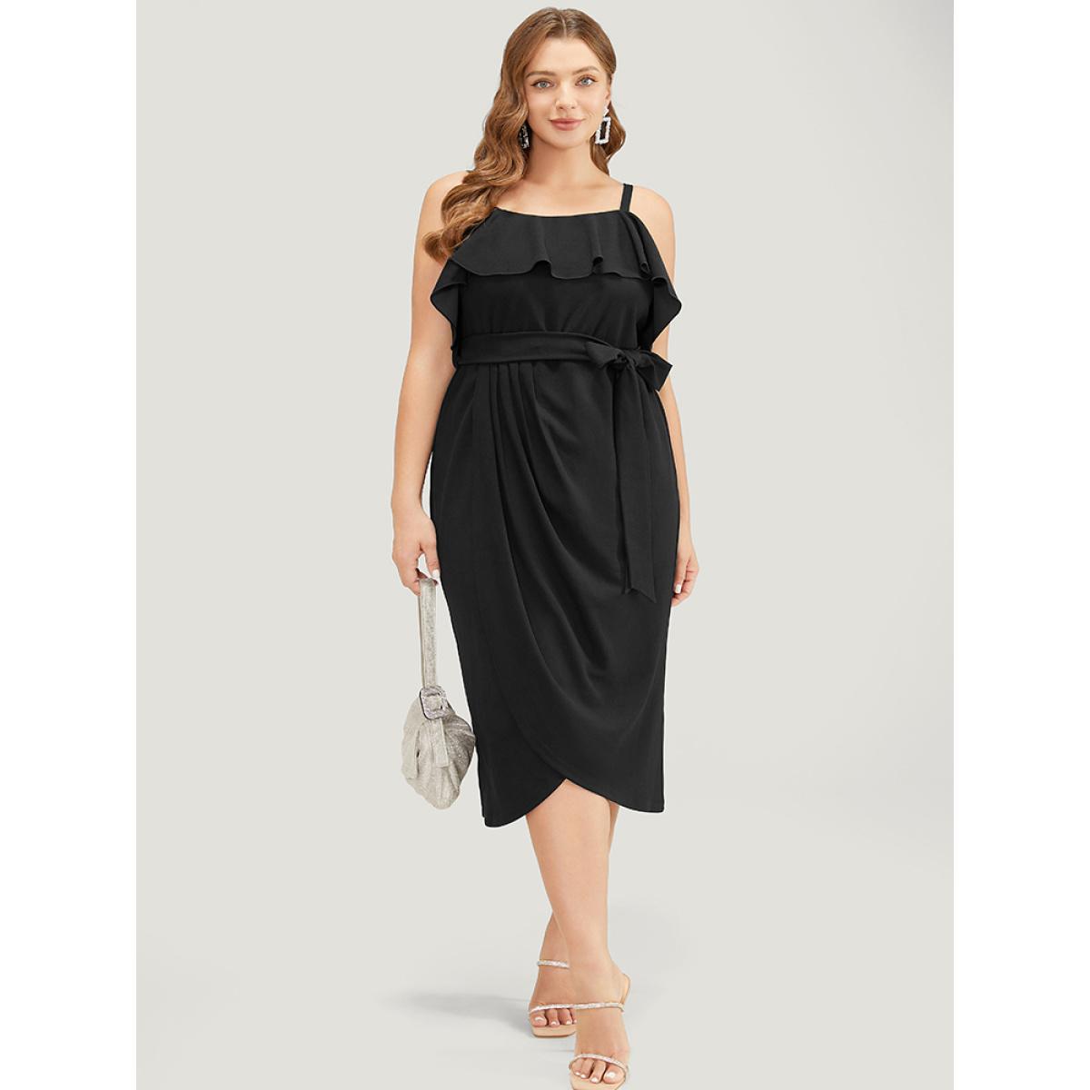 Plus Size Solid Ruffle Trim Belt Pleated Detail Bodycon Cami Dress Black Women Glamour Adjustable Straps Spaghetti Strap Sleeveless Curvy Midi Dress BloomChic 30/6X Product Image