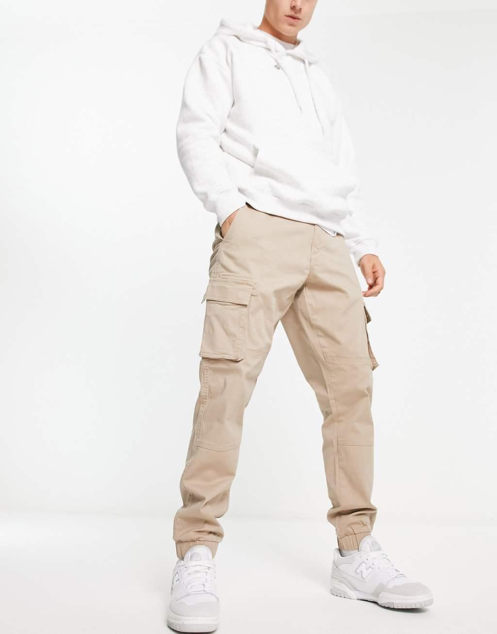 Only & Sons tapered fit cuffed cargo pants in stone Product Image