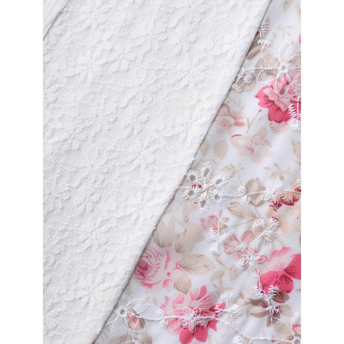 Plus Size Originalwhite Floral Print Panel Sheer Keyhole Blouse Women Short sleeve Round Neck Everyday-Elegant Blouses BloomChic 30/6X Product Image