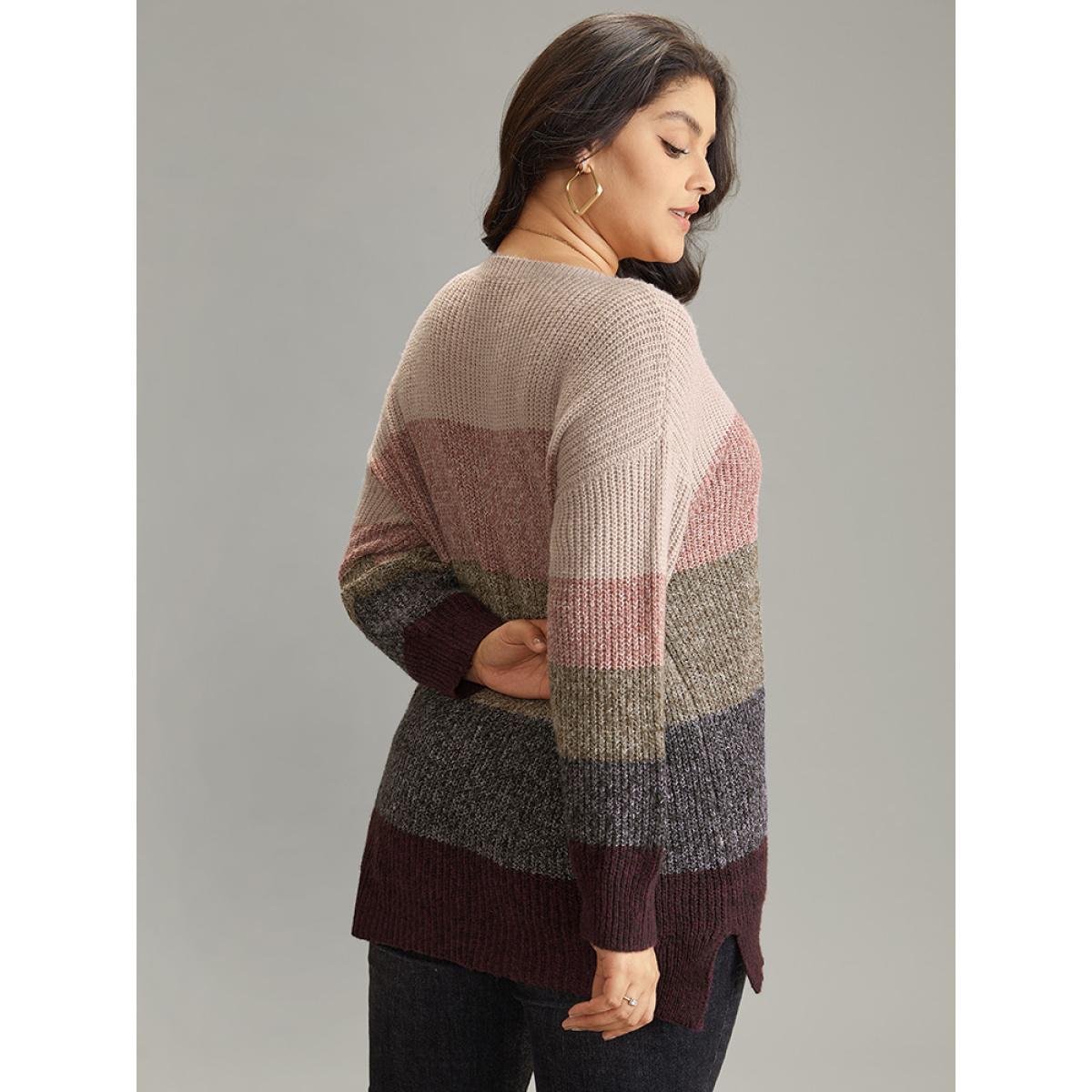 Plus Size Heather Colorblock V Neck Split Hem Pullover Multicolor Women Casual Loose Long Sleeve V-neck Dailywear Pullovers BloomChic 10/M Product Image