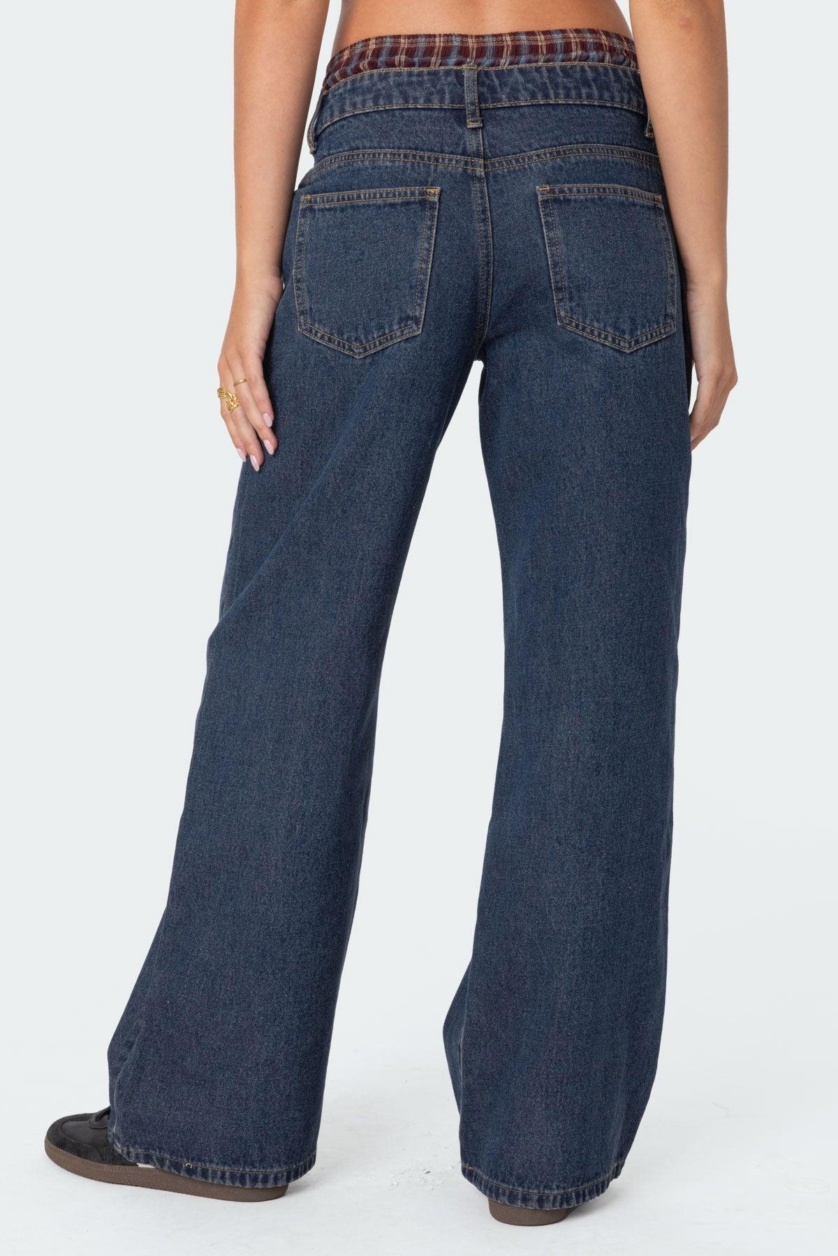 Plaid Boxer Detail Relaxed Jeans Product Image