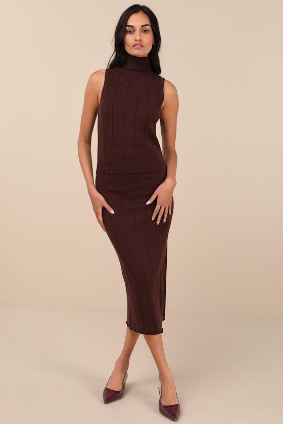 Sophisticated Duo Brown Sleeveless Turtleneck Sweater Top Product Image