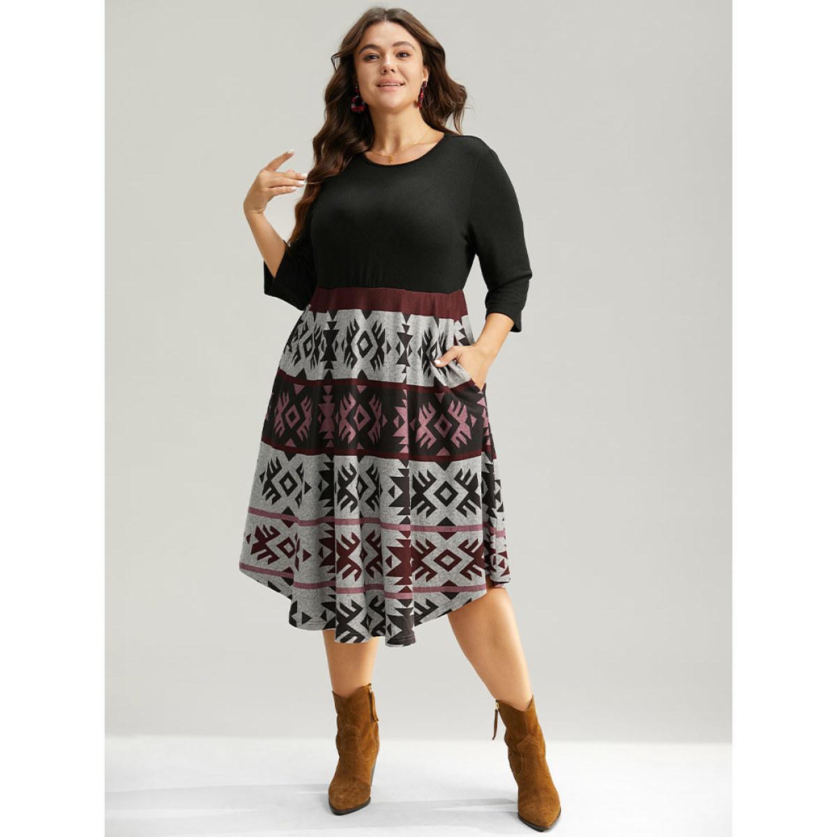Plus Size Christmas Geometric Contrast Curved Hem Dress Black Women Casual Printed Round Neck Elbow-length sleeve Curvy Midi Dress BloomChic 30/6X Product Image