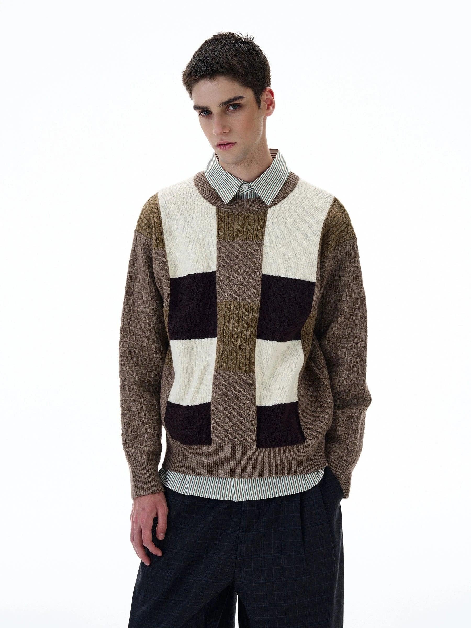 RT No. 20028 KNIT COFFEE PLAID CREWNECK SWEATER Product Image