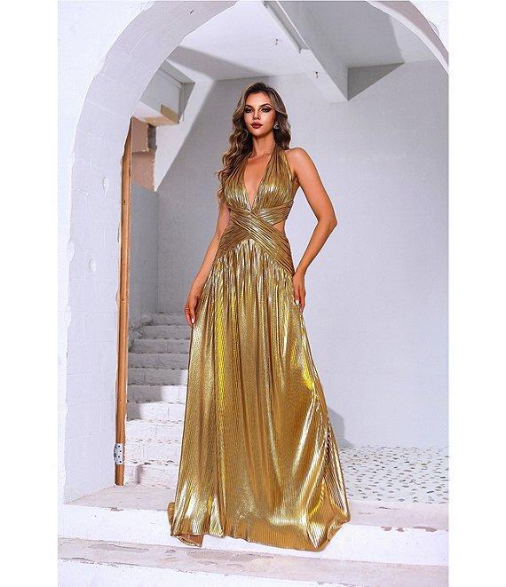 Terani Couture Halter Deep V-Neck Side Cut Out Foiled Chiffon A-Line Gown Product Image