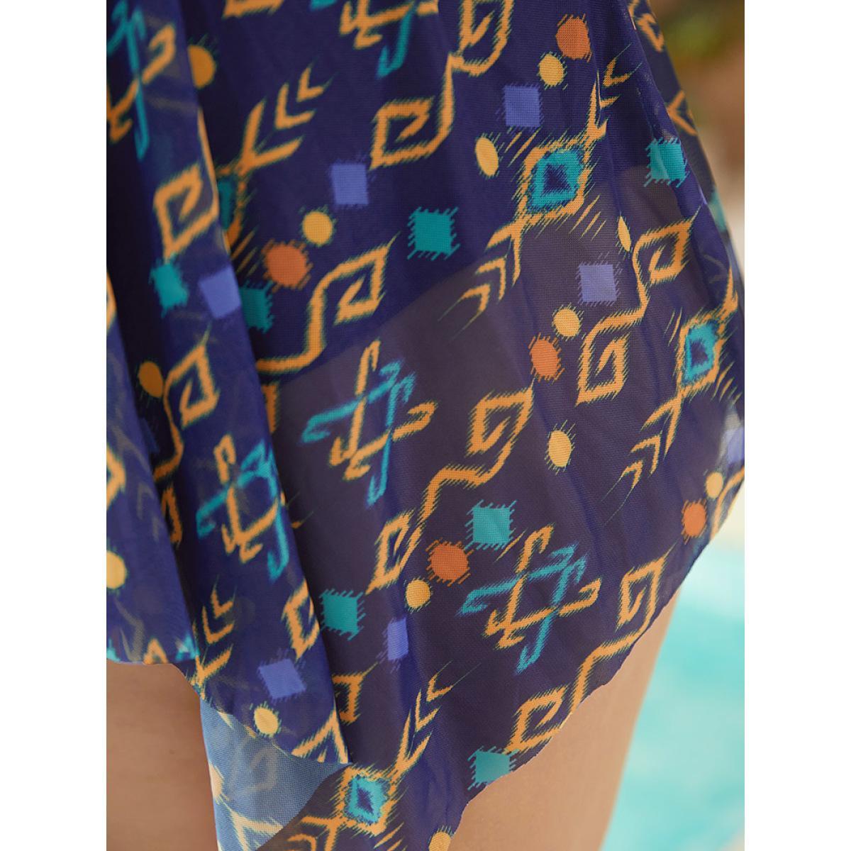 Plus Size Geometric Print Crossover Hanky Hem Swim Dress Women's Swimwear Multicolor Square Neck High stretch Curve Swim Dresses BloomChic 30/6X Product Image