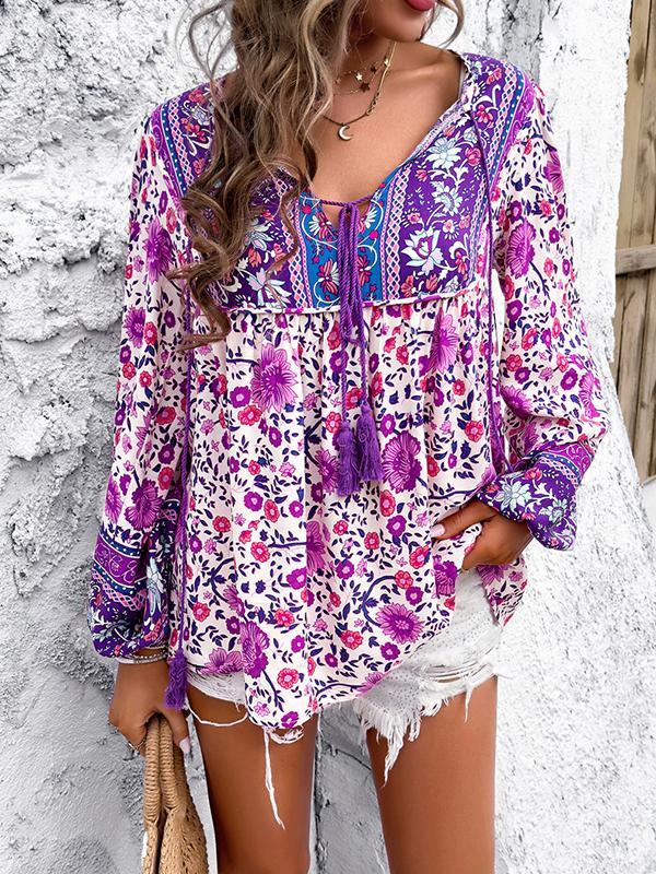 Long Sleeves Loose Contrast Color Elasticity Pleated Split-Joint Tied V-Neck Blouses&Shirts Tops Product Image