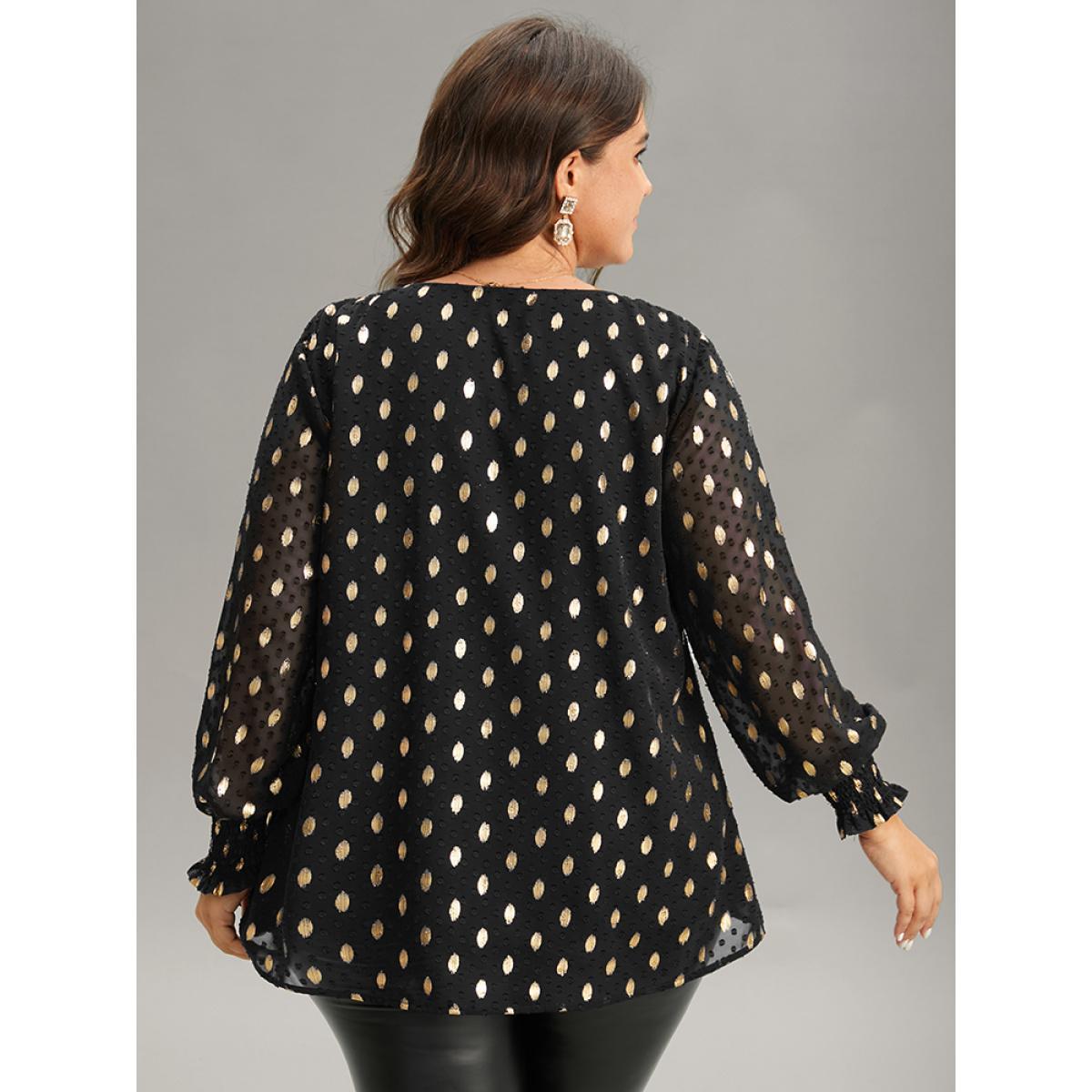 Plus Size Black Glitter Polka Dot Textured Shirred Tiered Blouse Women Glamour Long Sleeve V-neck Party Blouses BloomChic 28/5X Product Image