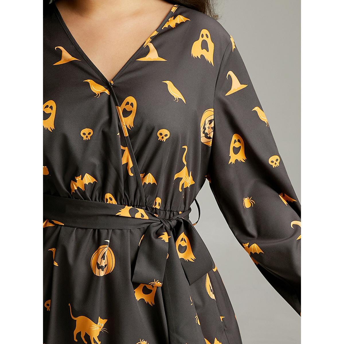 Plus Size Halloween Pumpkin & Bat Print Wrap Lantern Sleeve Dress Black Women Office Elastic cuffs Overlap Collar Long Sleeve Curvy Midi Dress BloomChic 12/L Product Image
