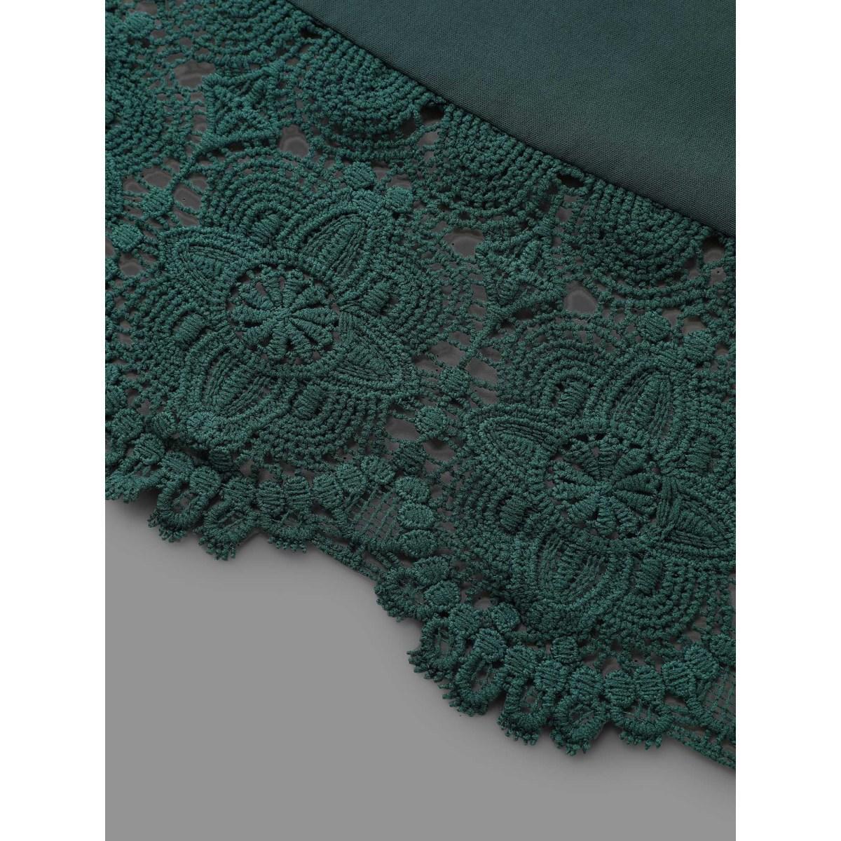 Plus Size DarkGreen V Neck Plicated Detail Contrast Lace Blouse Women Casual Elbow-length sleeve V-neck Everyday Blouses BloomChic 12/L Product Image