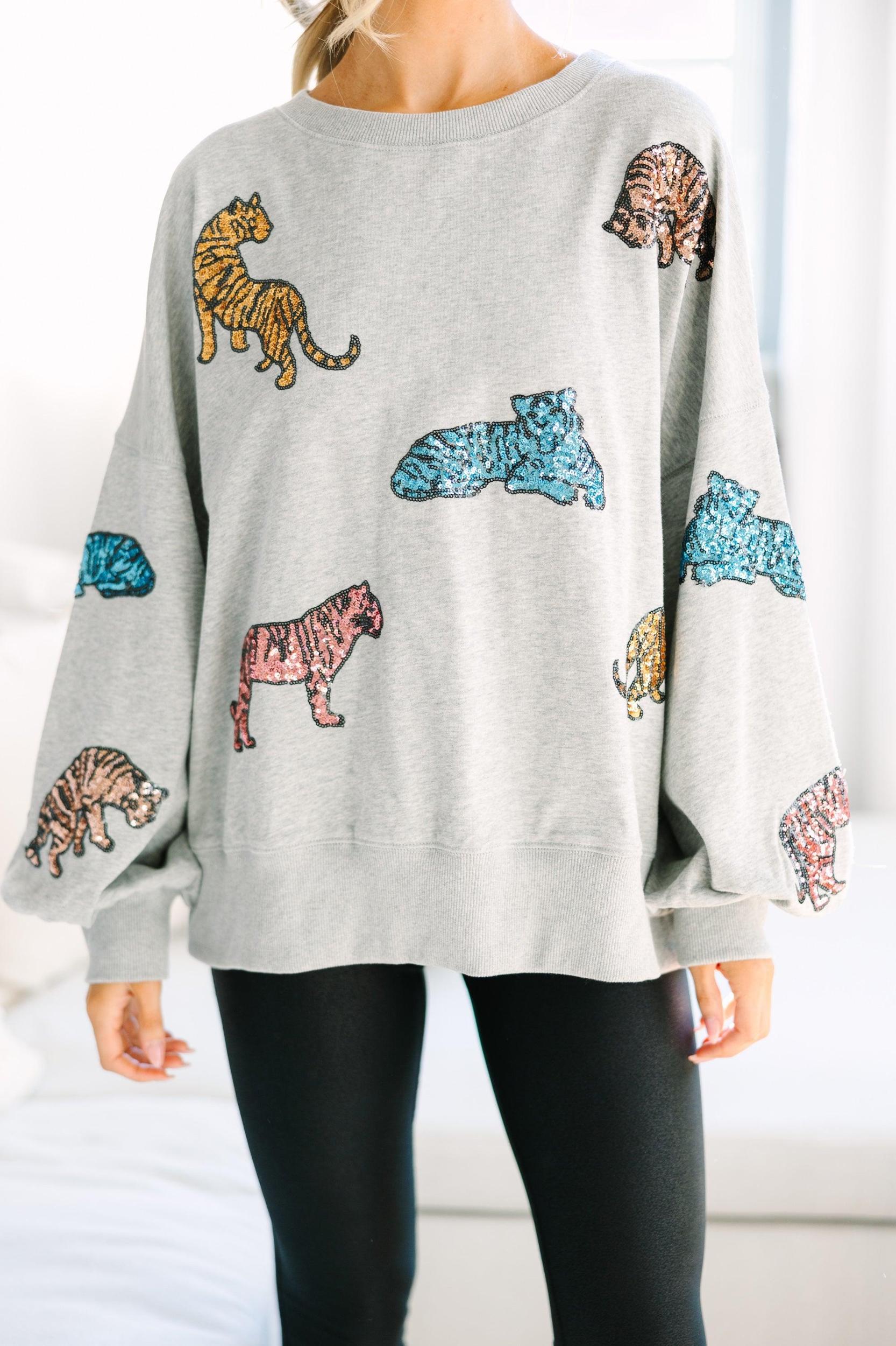 Live For Love Heather Gray Sequin Tiger Pullover Female Product Image
