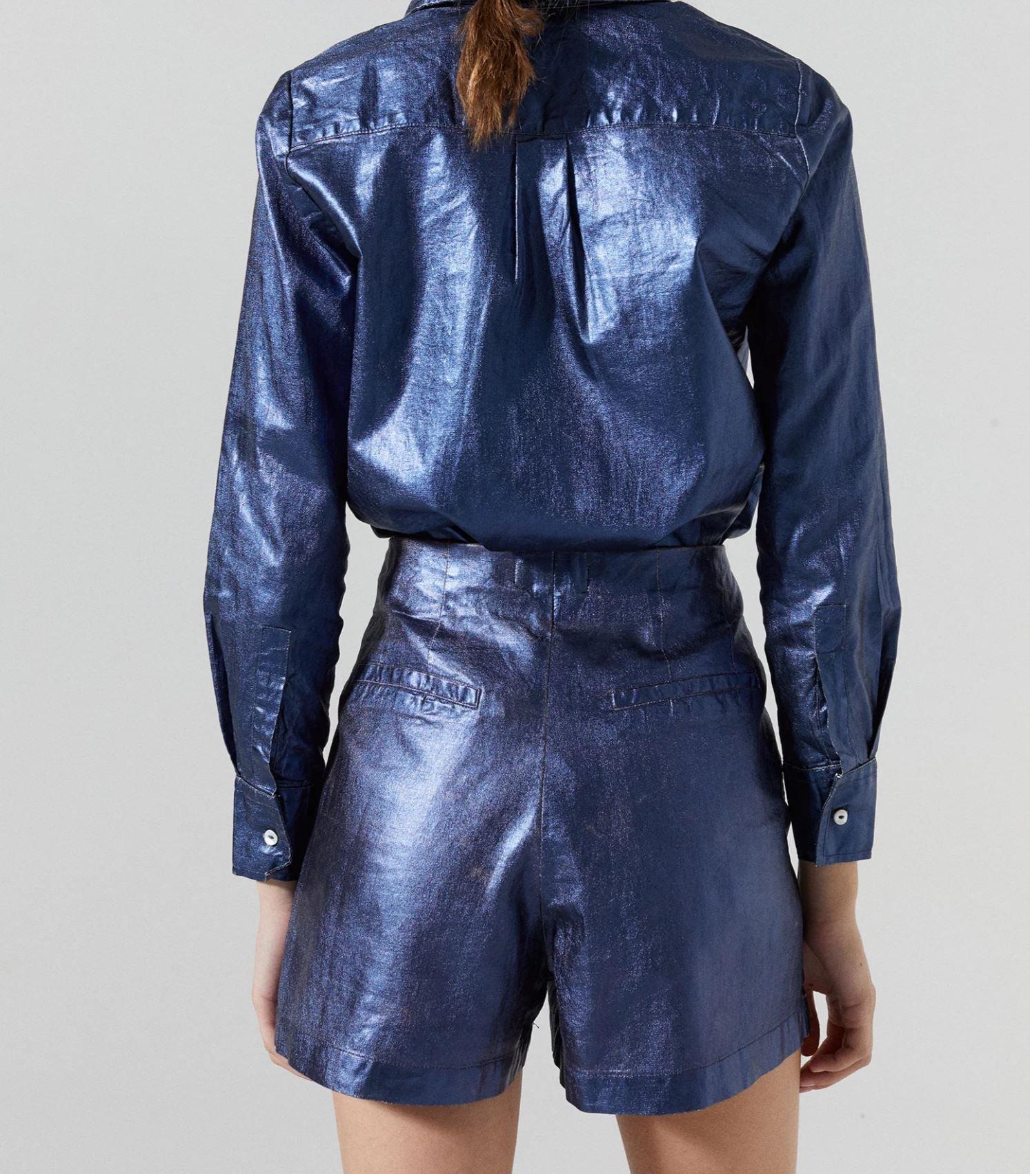 Lanhtropy Frida Metallic Linen Shorts-Dark Blue Product Image