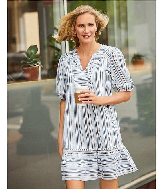 Nurture Petite Size Stripe Elbow Sleeve V-Neck Short A-Line Dress Product Image