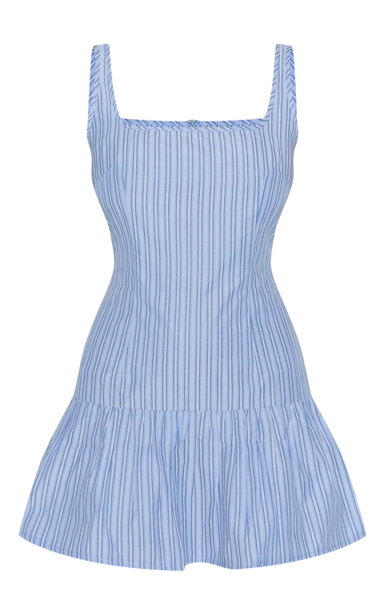 Blue Striped Sleeveless Straight Neck Shift Dress Product Image