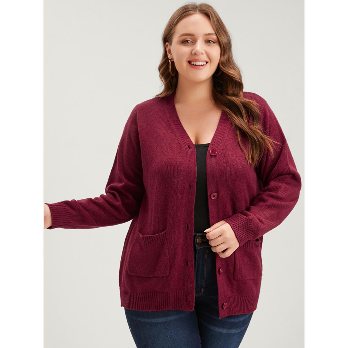 Plus Size Solid Pointelle Knit Pocket Belted Button Front Cardigan Scarlet Women Casual Loose Long Sleeve Work Cardigans BloomChic 28/5X Product Image