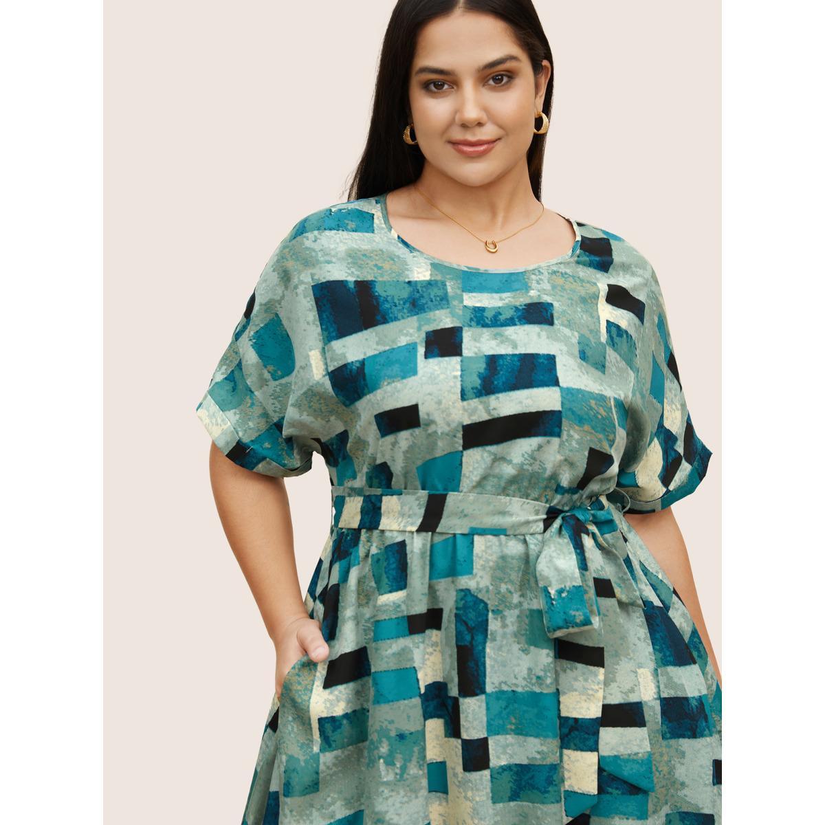 Plus Size Geometric Dolman Sleeve Curved Hem Dress Teal Women At the Office Belted Round Neck Short sleeve Curvy BloomChic 12/L Product Image