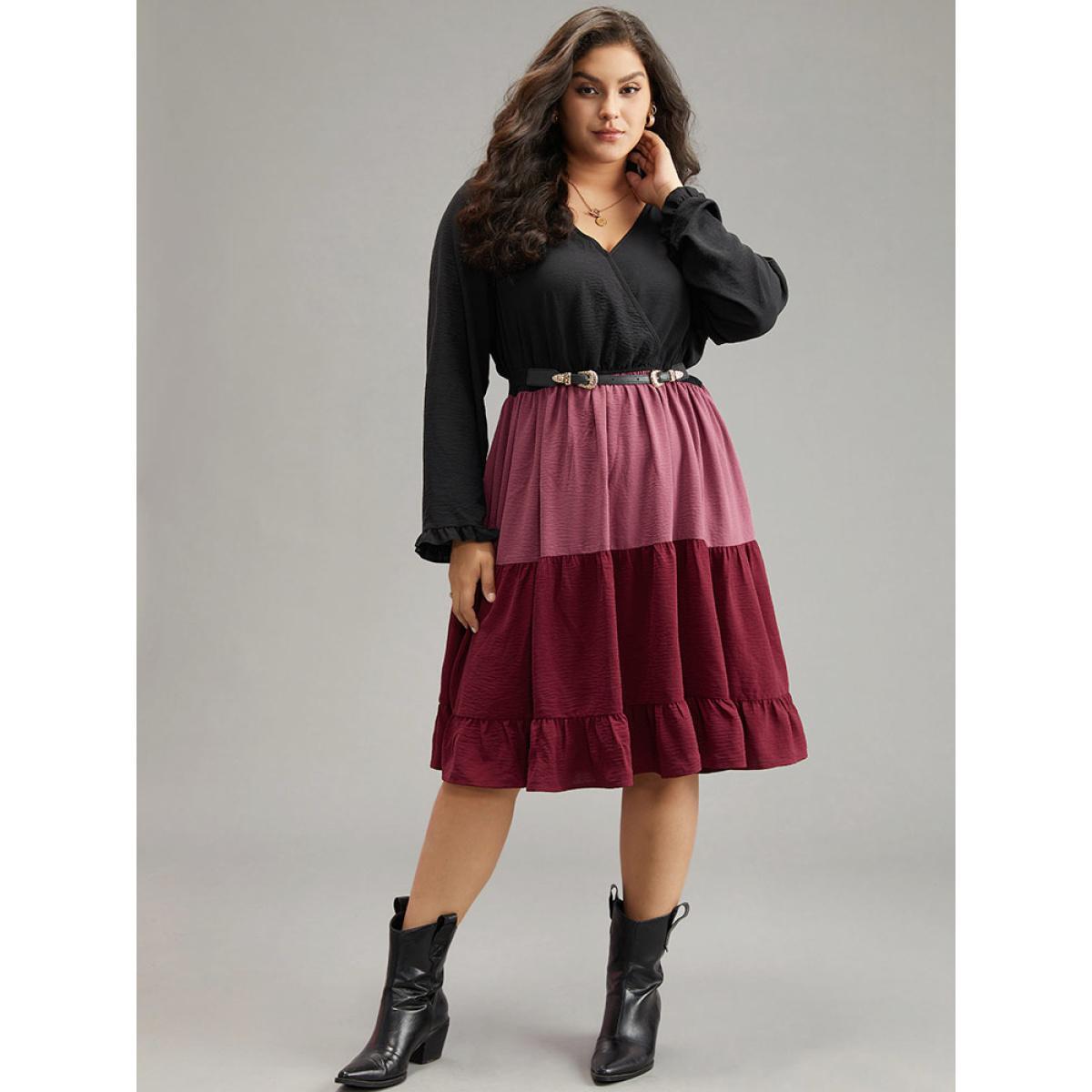 Plus Size Colorblock Contrast Ruffle Layered Hem Dress Black Women Casual Gathered V-neck Long Sleeve Curvy Midi Dress BloomChic 22-24/3X Product Image