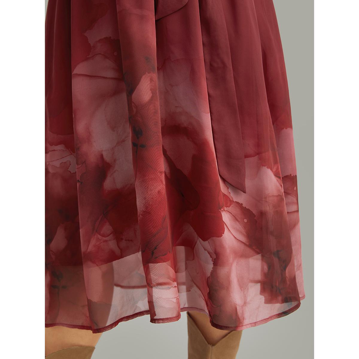 Plus Size Floral Mesh V Neck Belted Dress Scarlet Women Vacation Wrap Overlap Collar Long Sleeve Curvy Midi Dress BloomChic 26/4X Product Image