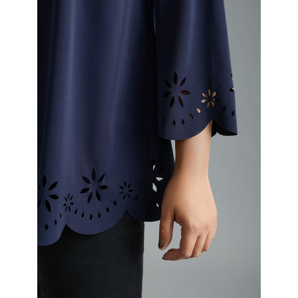 Plus Size Indigo Laser Cut Design V-Neck Blouse Women At the Office Three Quater Length Sleeve V-neck Work Blouses BloomChic 22-24/3X Product Image