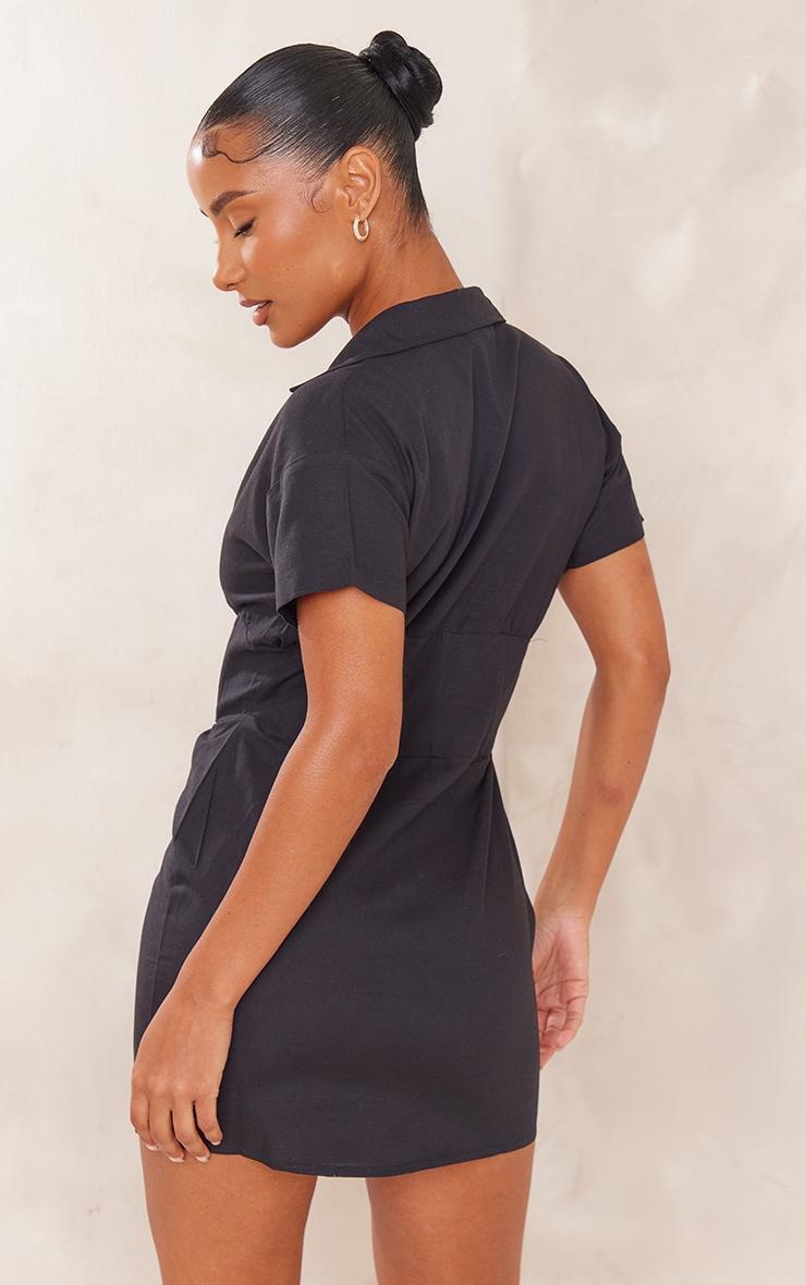 Black Short Sleeve Fitted Waist Linen Look Shirt Dress Product Image