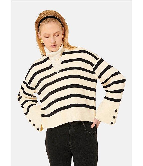 Tara Jarmon Plongeoir Wool Knit Stripe V-Neck Long Sleeve Button Cuff Sweater Product Image