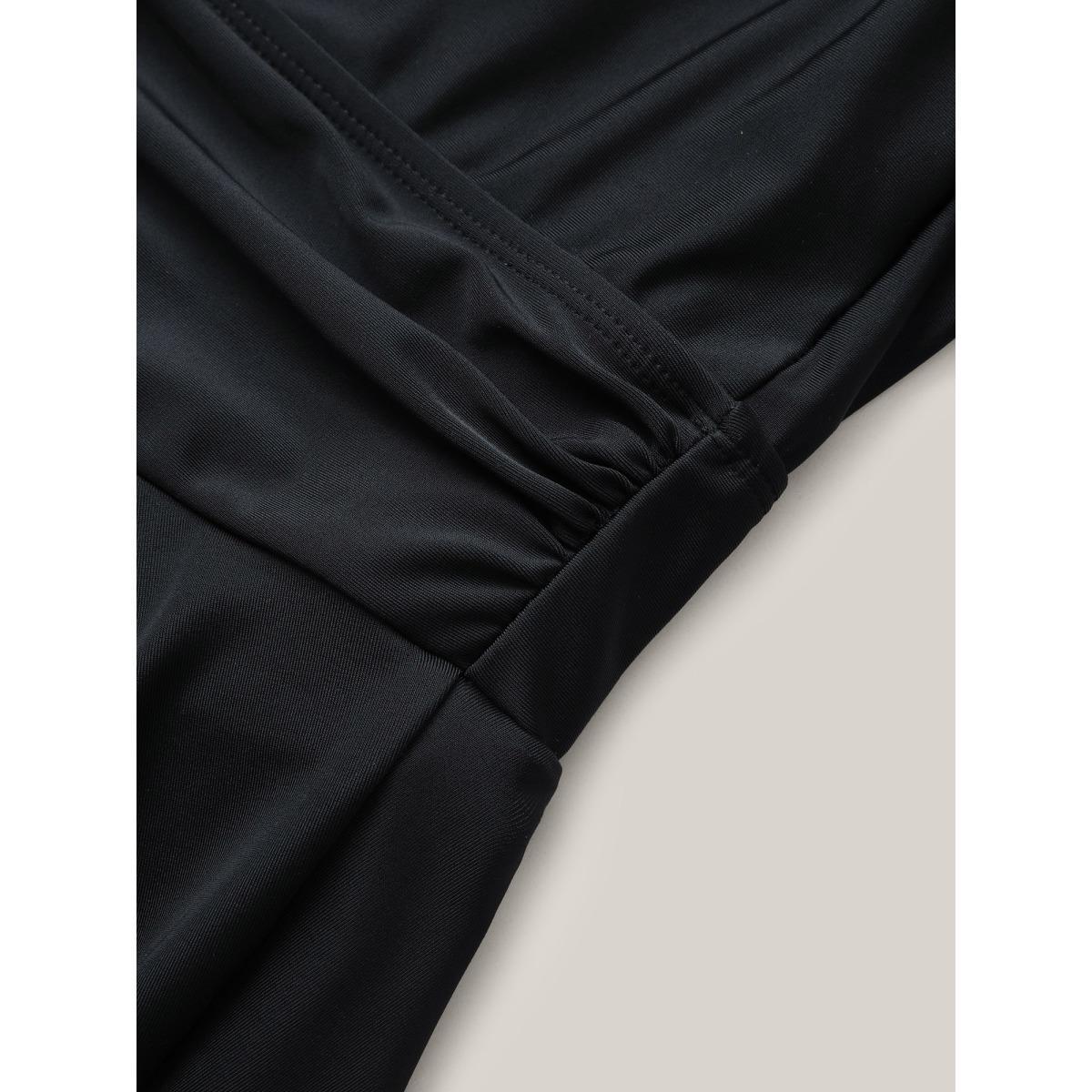 Plus Size Solid Ruffle Hem Empire Waist Halter Neck Swim Dress Women's Swimwear Black Beach Bodycon Halter neck High stretch Curve Swim Dresses BloomChic 26/4X Product Image