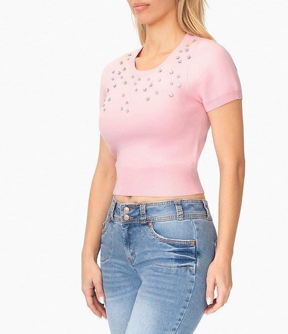 Stevie by Stevie Madden Rhinestone Short Sleeve Crop Sweater Product Image