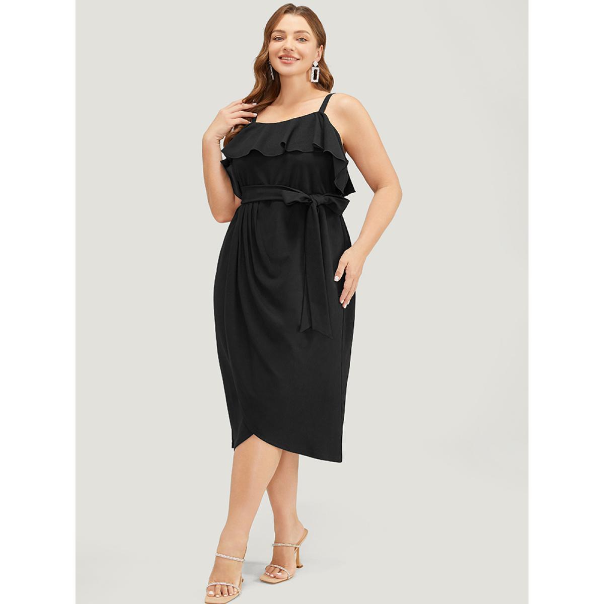 Plus Size Solid Ruffle Trim Belt Pleated Detail Bodycon Cami Dress Black Women Glamour Adjustable Straps Spaghetti Strap Sleeveless Curvy Midi Dress BloomChic 30/6X Product Image