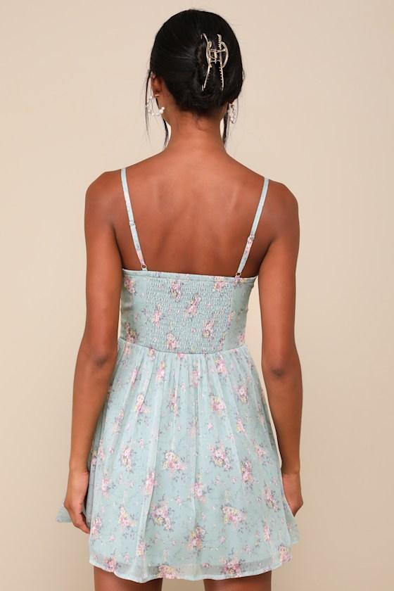 Flirty Dreamer Sage Floral Bustier Lace Ribbon Mini Dress Product Image