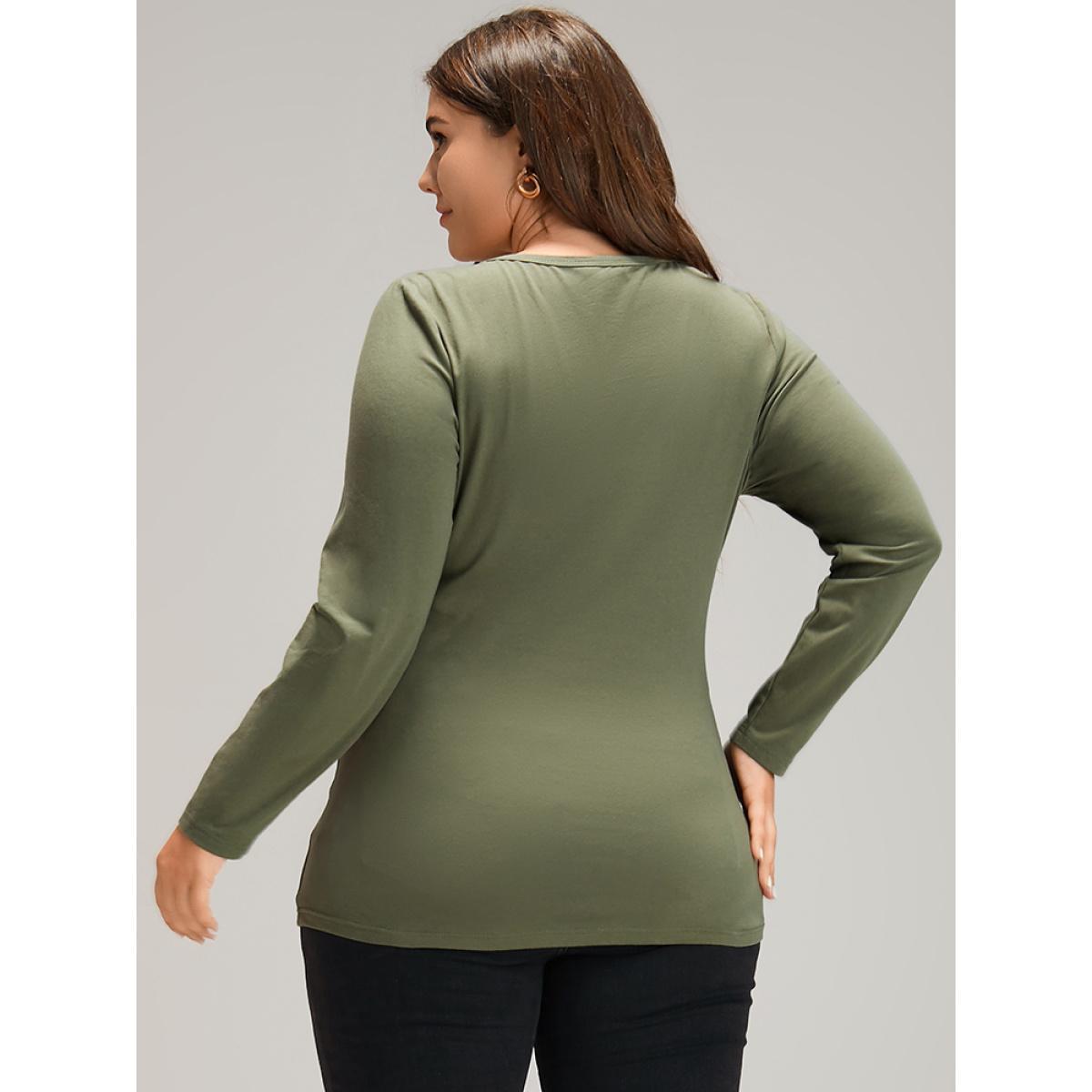 Plus Size Cotton Solid Button Down T-shirt ArmyGreen Women Elegant Plain Plain Round Neck Dailywear T-shirts BloomChic 28/5X Product Image