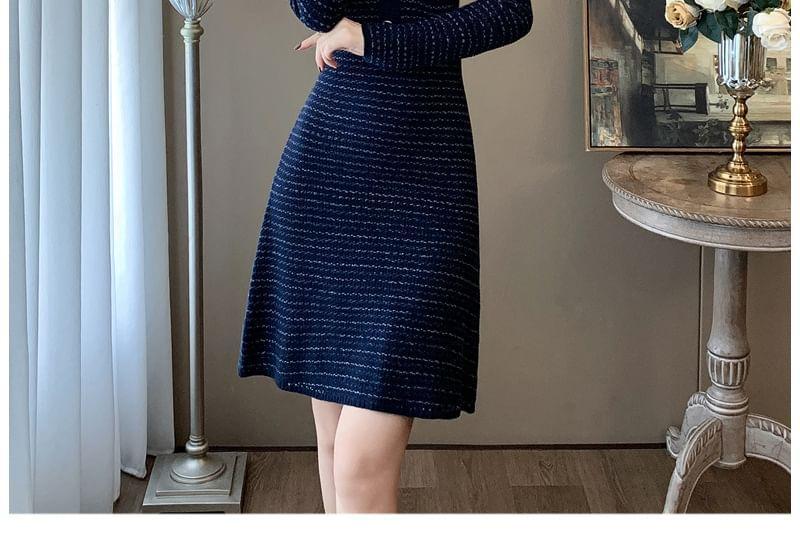 Long-Sleeve Round Neck Striped Knit A-Line Dress Product Image
