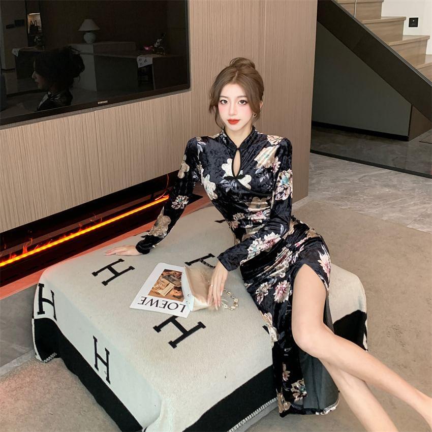 Long-Sleeve Stand Collar Floral Print Keyhole Slit Midi Bodycon Dress Product Image
