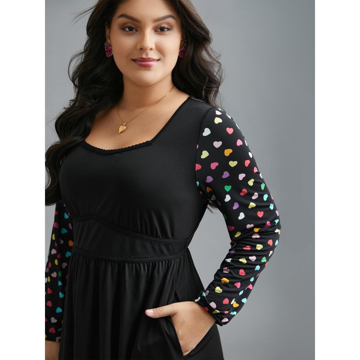 Plus Size Polka Dot Sleeve Waist-Cinched Lace Dress Black Women Elegant Woven ribbon&lace trim Heart neckline Long Sleeve Curvy BloomChic 12/L Product Image