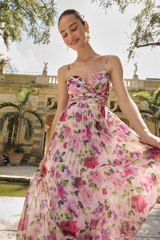 Samika Pink Multi Floral Satin Pleated Maxi Dress Product Image