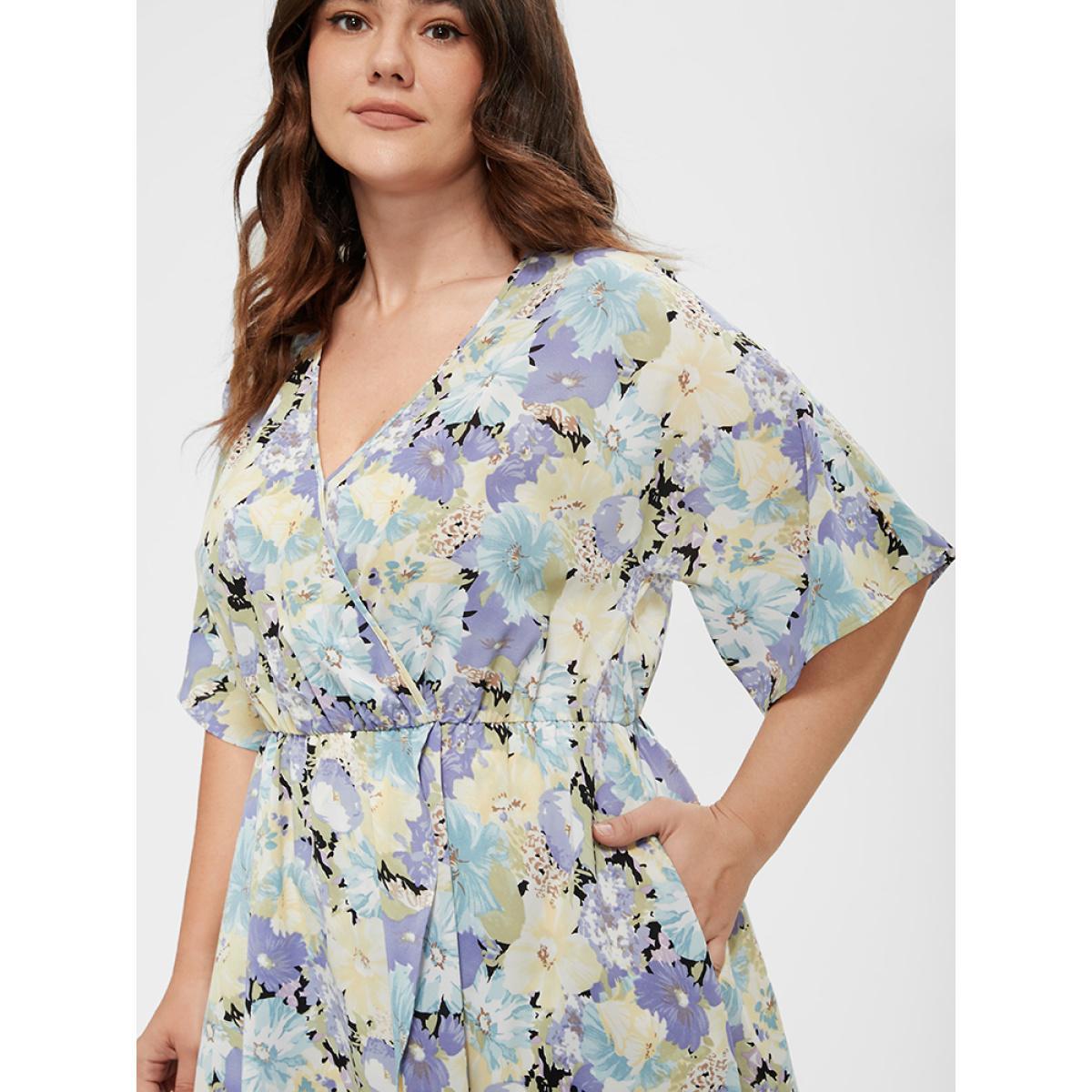Plus Size Floral Split Pocket Button Detail Wrap Maxi Dress Purple Women Dating Wrap V-neck Short sleeve Curvy Midi Dress BloomChic 18-20/2X Product Image