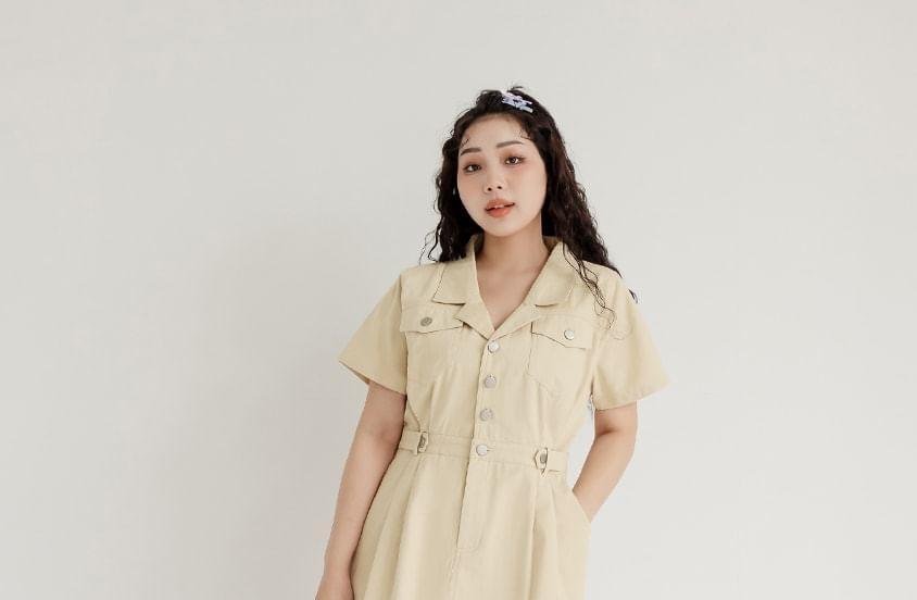 Short Sleeve V-Neck Plain Slim-Fit Cargo Mini A-Line Dress Product Image