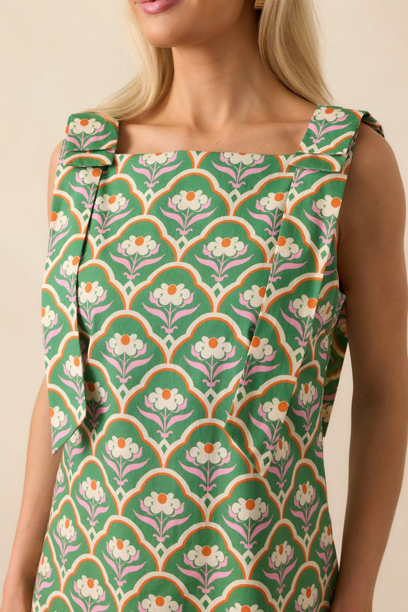Someone So Lovely Green Geometric Floral Print Cotton Mini Dress Product Image