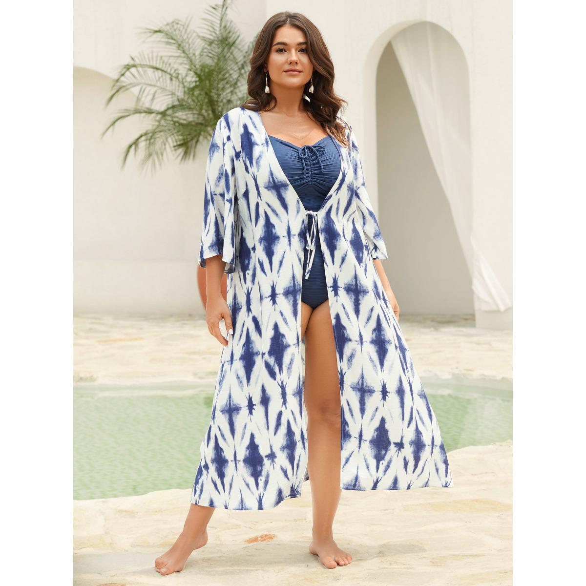 Plus Size Tie Dye Front-Tie Kimono Women Indigo Tie knot Loose Vacation Kimonos BloomChic 18-20/2X Product Image