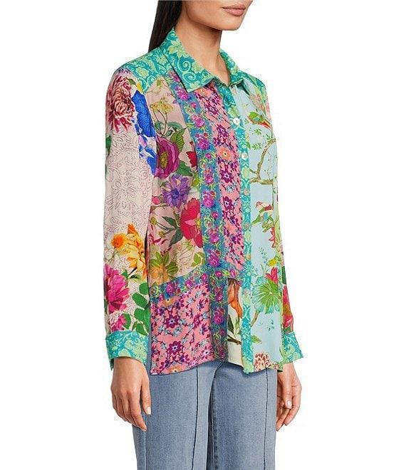 John Mark Floral Print Patch Point Collar Long Roll-Tab Sleeve Button-Front Blouse Product Image
